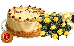 Butterscotch Cake (1 kg) with Yellow Roses Bouquet