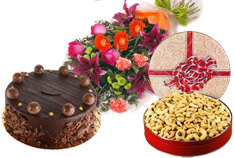 Chocolate Cake, Cashew Nuts and Mixed Flowers