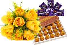 Yellow Roses, 25 Laddus and Chocolates